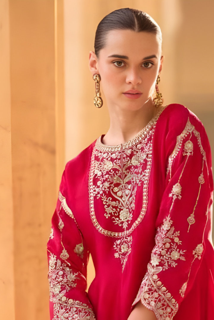 Royal Red Embroidered Tulip Ethnic Suit Set