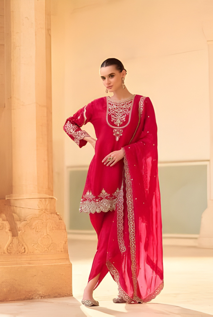 Royal Red Embroidered Tulip Ethnic Suit Set