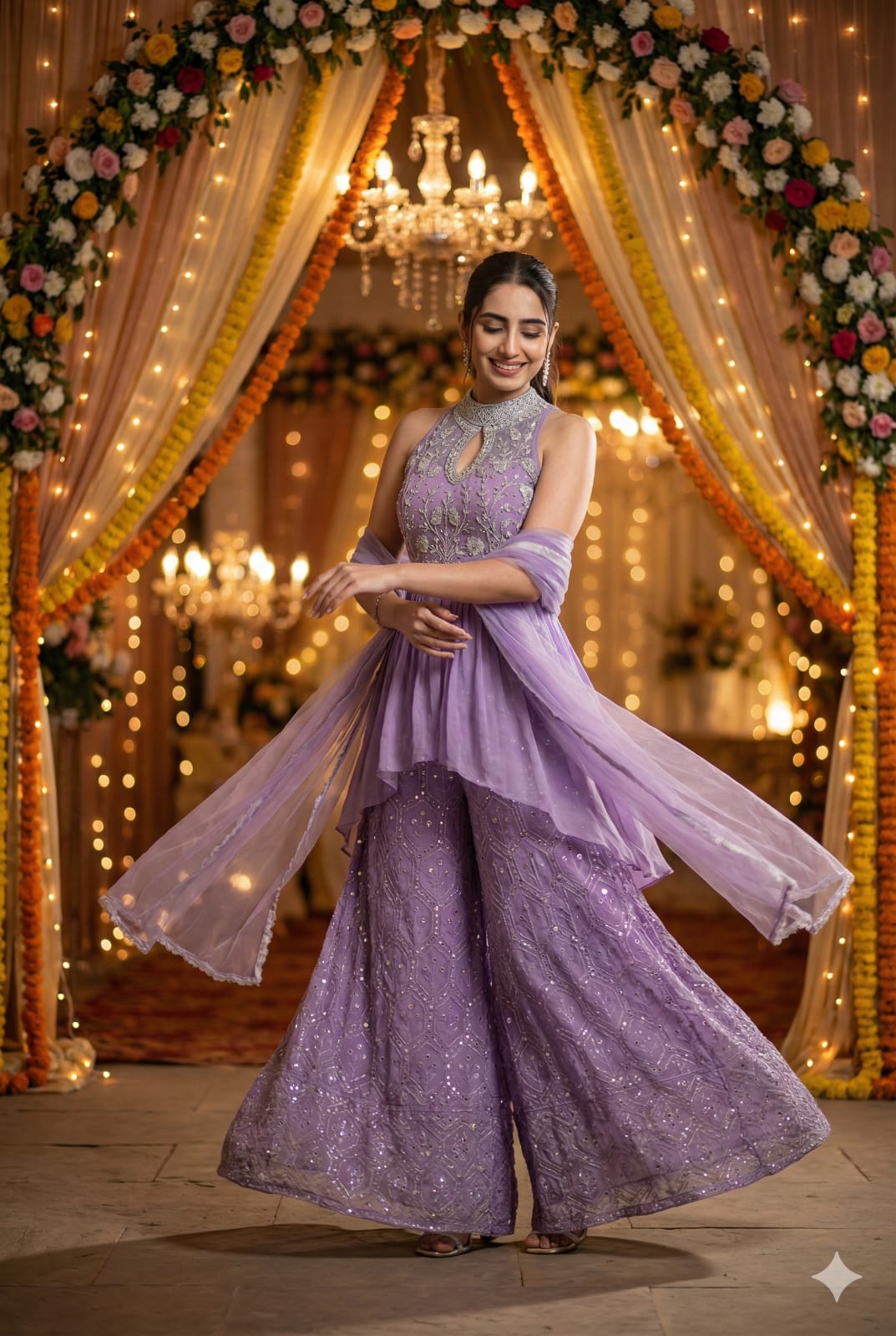 Lavender Embroidered Indo-Western Sharara Set with Dupatta