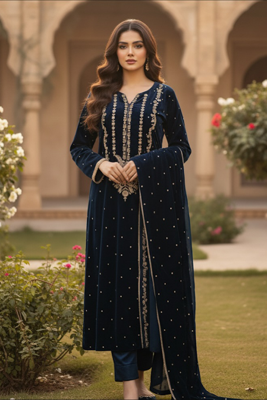 Micro Velvet 3-Piece Suit | Hand Zari Embroidered